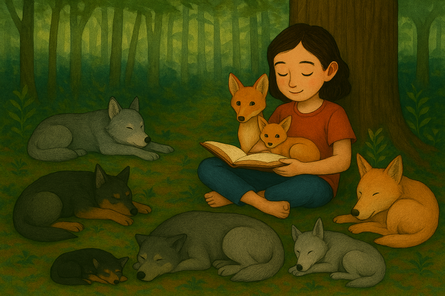 Girl reading with forest animals