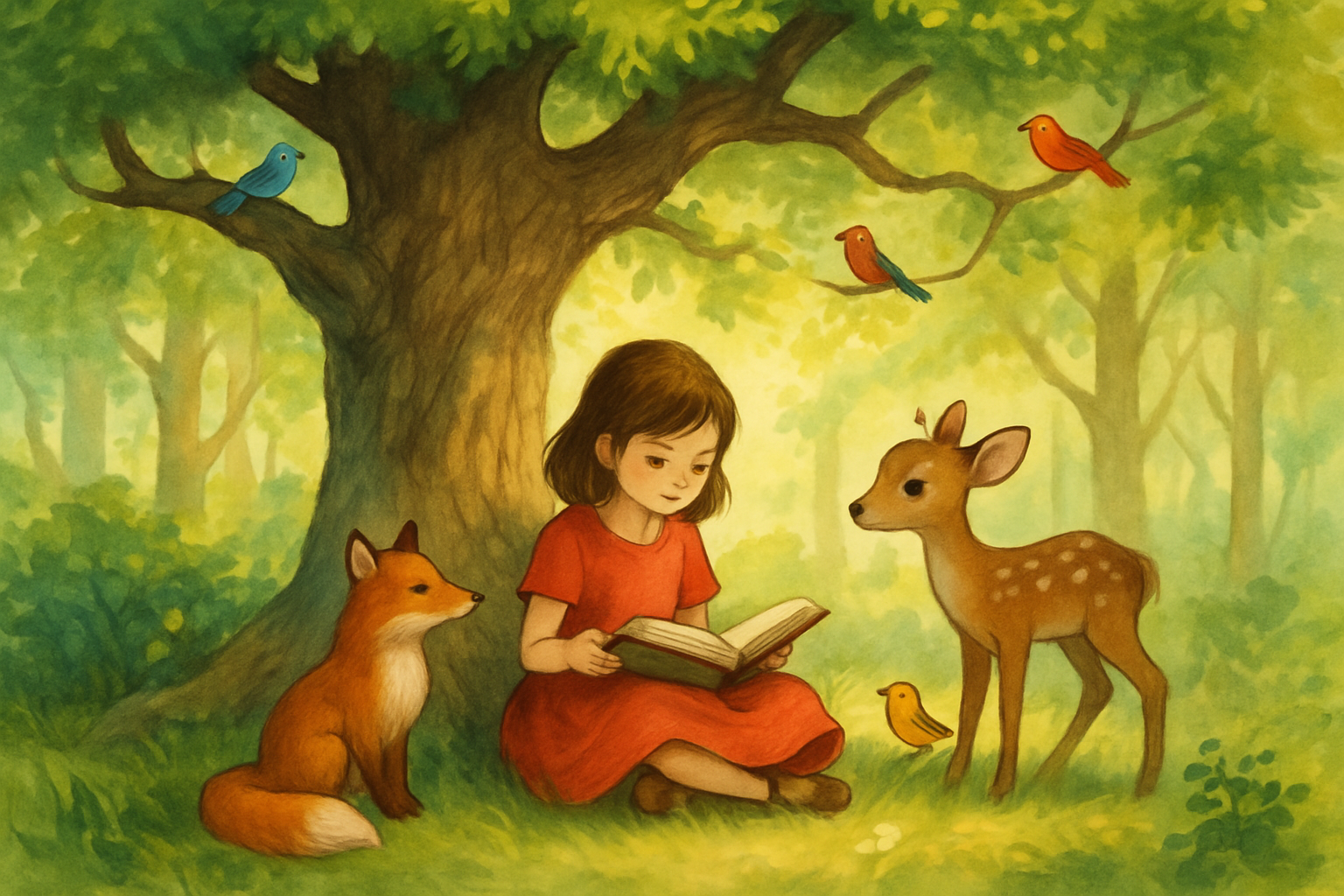 Girl reading with forest animals